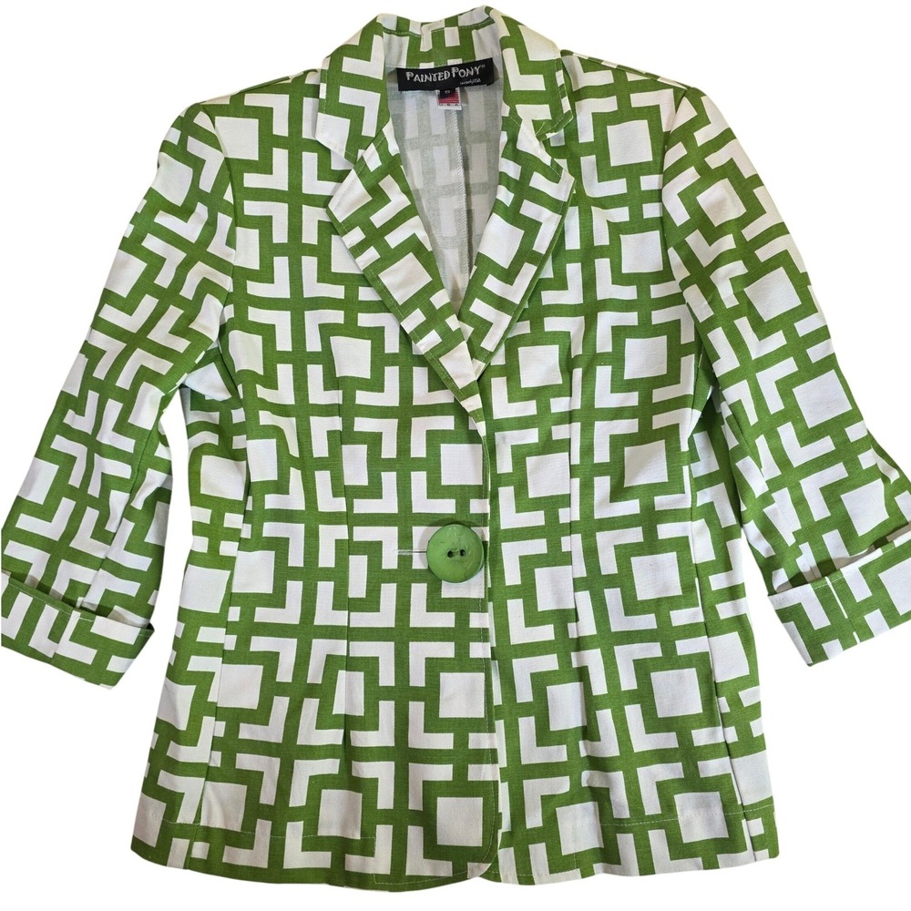 Vtg PAINTED PONY Womens S Green White Geometric Cotton Blazer Jacket Made in USA